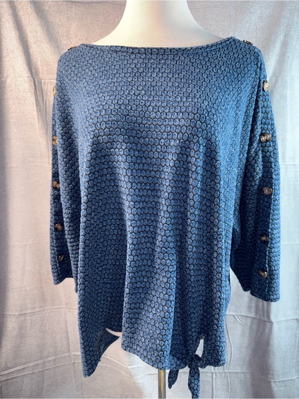 1289-New York Laundry Navy Textured Off-the-Shoulder Button-Sleeve Sweater